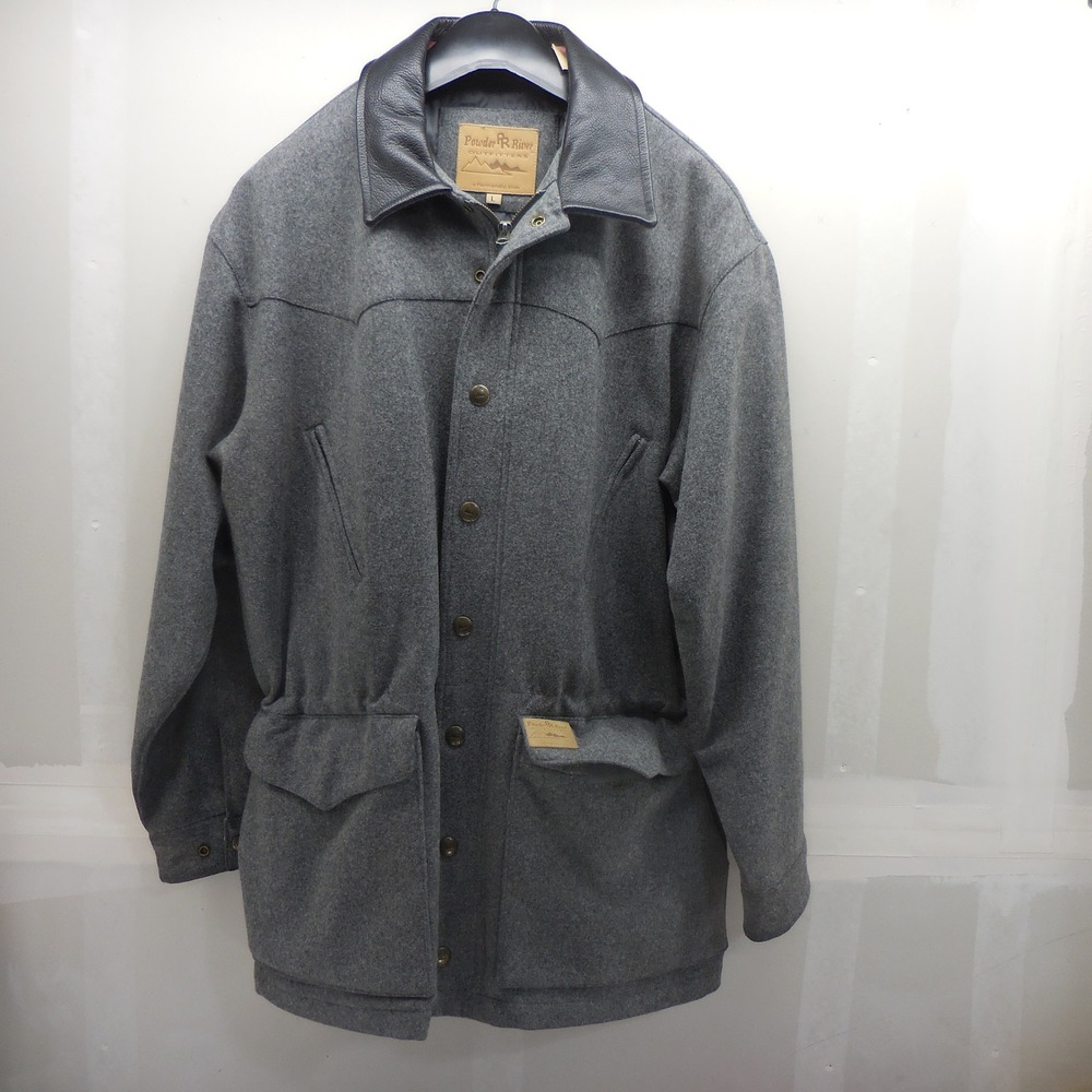 Powder River Outfitters Gray Wool Blend Western Coat Leather Collar Mens Large
